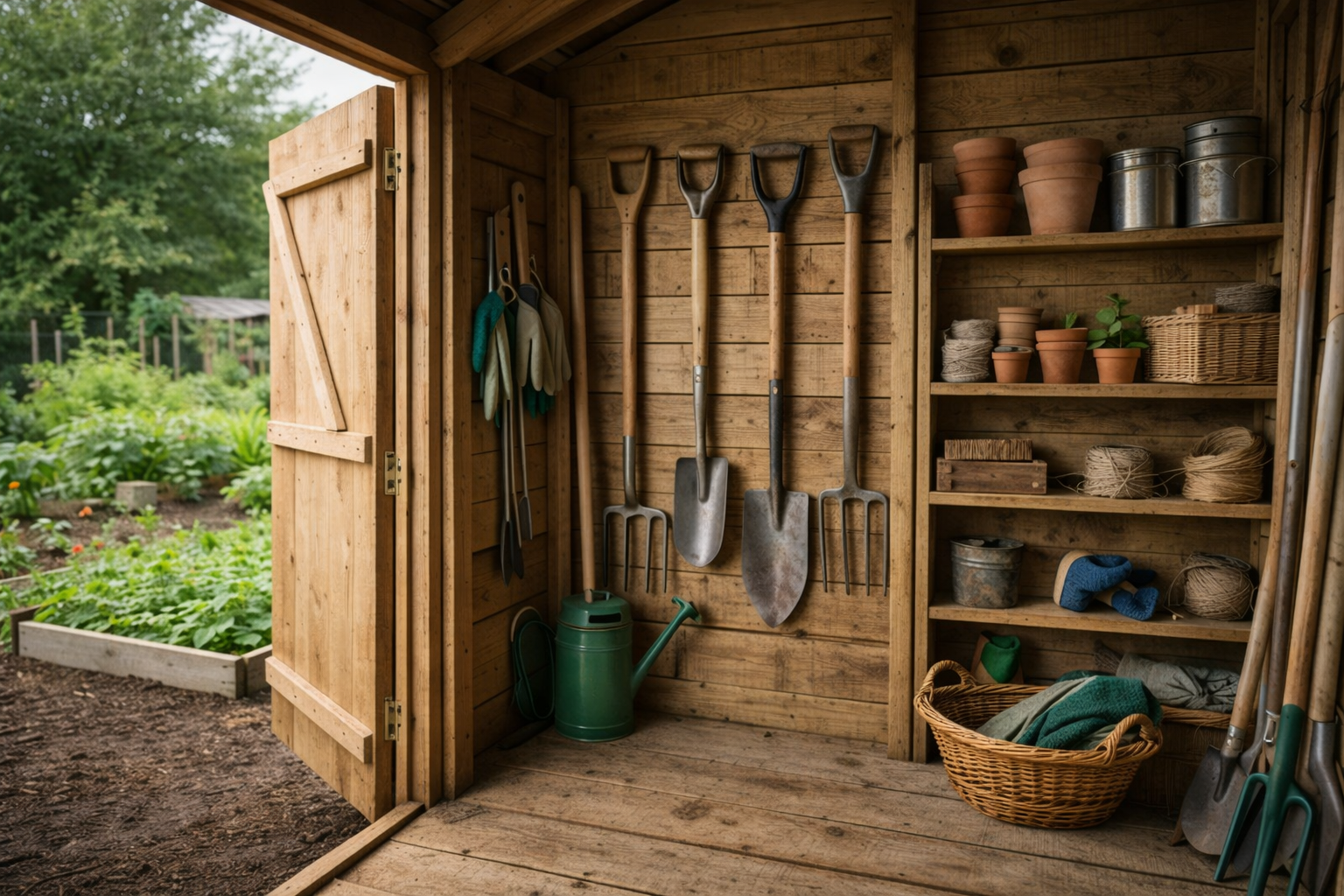 Photo of inside allotment shed with tools hanging up